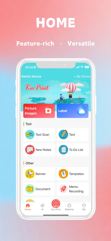 Fun Print app home screen on a phone