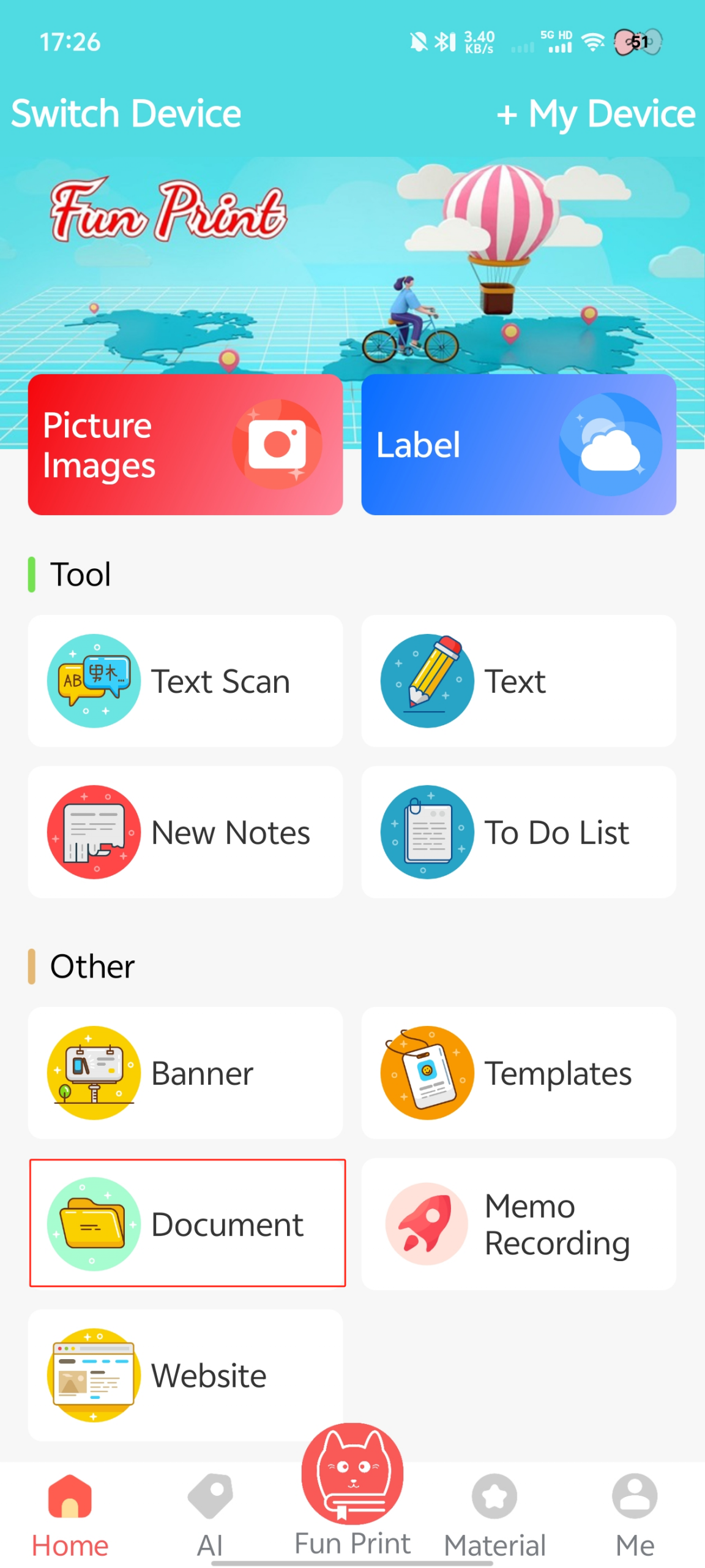 FunPrint main interface with Document option visible