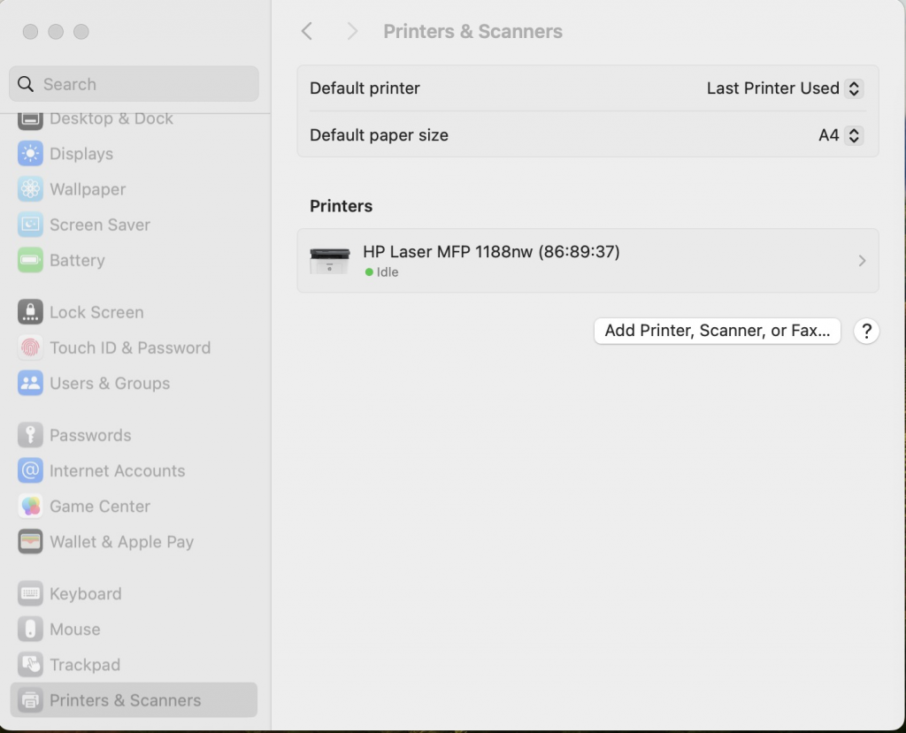 Printer selection screen