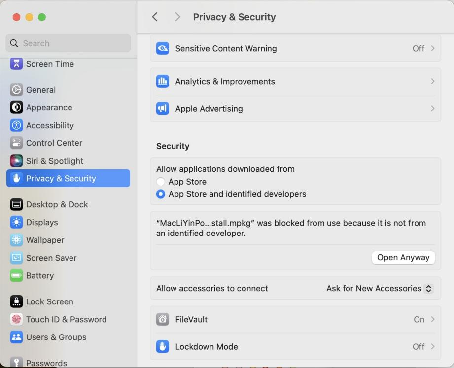 System Preferences Security section