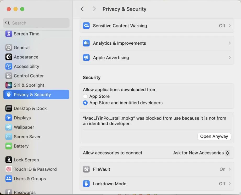 System Preferences Security section